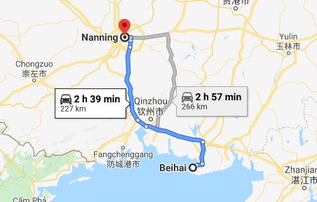 Route map from Beihai to the Vietnamese Consulate in Nanning