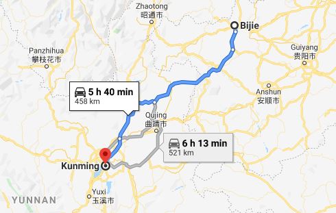 Route map from Bijie to Vietnamese Consulate in Kunming
