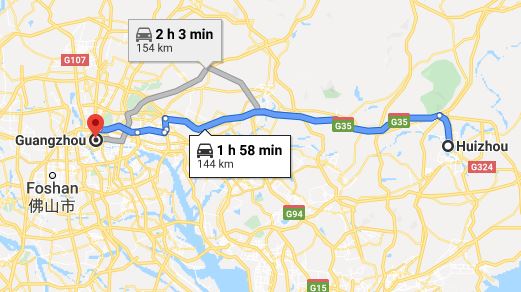 Route map from Huizhou to Vietnamese Embassy in Guangzhou