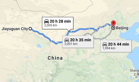 Route map from Jiayuguan City to the Vietnamese Embassy in Beijing