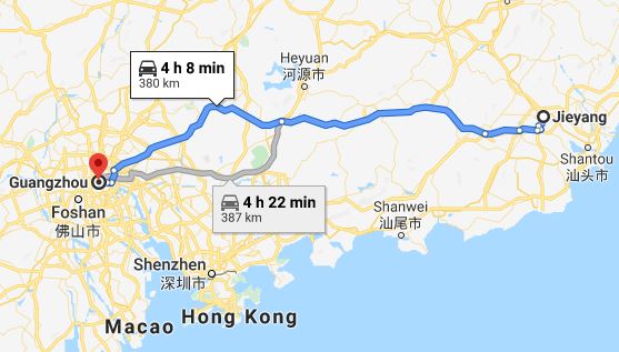 Route map from Jieyang to Vietnamese Embassy in Guangzhou