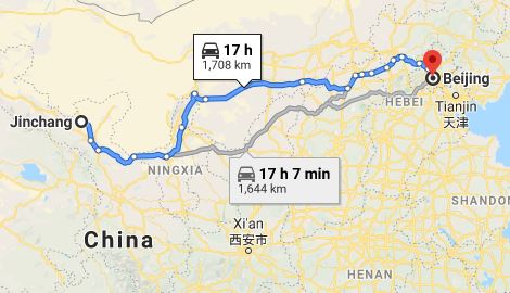 Route map from Jinchang to the Vietnamese Embassy in Beijing