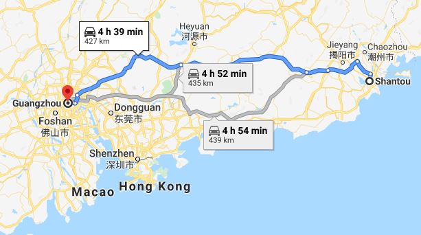 Route map from Shantou to Vietnamese Embassy in Guangzhou