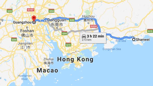 Route map from Shanwei to Vietnamese Embassy in Guangzhou