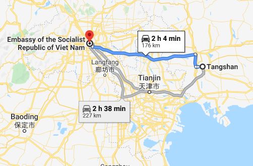 Route map from Tangshan to the Vietnamese Embassy in Beijing