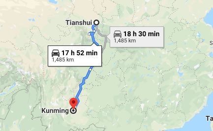Route map from Tianshui to the Vietnamese Consulate in Kunming