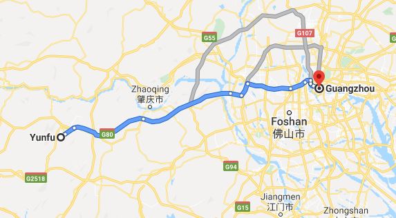 Route map from Yunfu to Vietnamese Embassy in Guangzhou