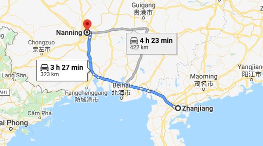Route map from Zhanjiang to Vietnamese Consulate in Nanning