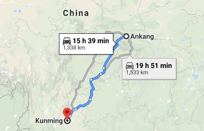 Route map from Ankang to the Vietnamese Consulate in Kunming