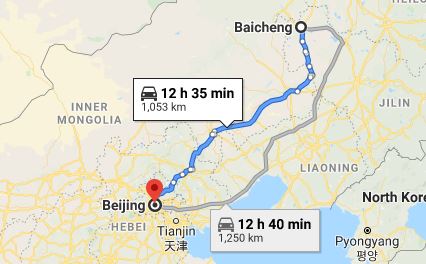 Route map from Baicheng to the Vietnamese Embassy in Beijing