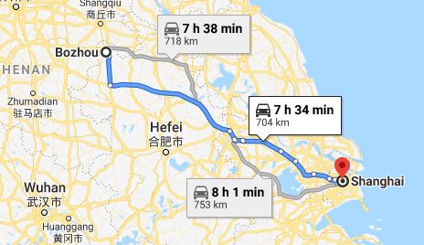 Route map from Bozhou to the Vietnamese Consulate in Shanghai