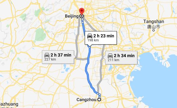 Route map from Cangzhou to the Vietnamese Embassy in Beijing