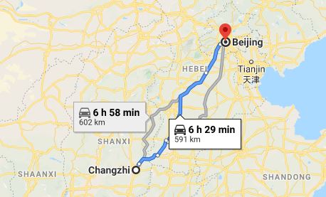 Route map from Changzhi to the Vietnamese Embassy in Beijing