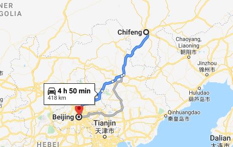 Route map from Chifeng to the Vietnamese Embassy in Beijing
