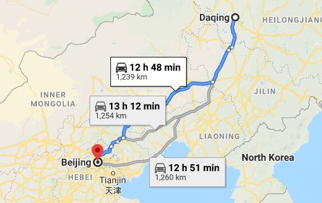 Route map from Daqing to the Vietnamese Embassy in Beijing