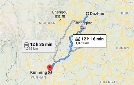 Route map from Dazhou to the Vietnamese Consulate in Kunming