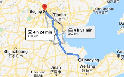 Route map from Dongying to the Vietnamese Embassy in Beijing