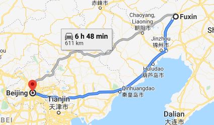 Route map from Fuxin to the Vietnamese Embassy in Beijing