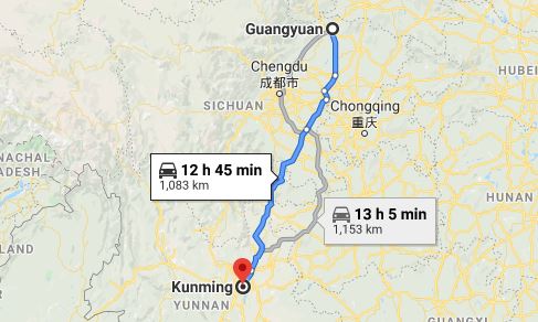 Route map from Guangyuan to the Vietnamese Consulate in Kunming