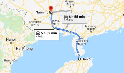 Route map from Haikou to the Vietnamese Consulate in Nanning