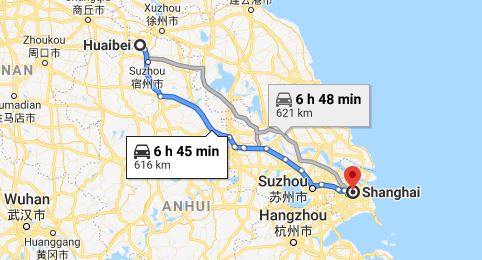 Route map from Huaibei to the Vietnamese Consulate in Shanghai
