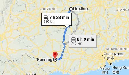 Route map from Huaihua to the Consulate of Vietnam in Nanning