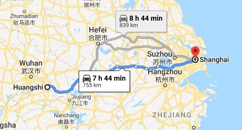 Route map from Huangshi to the Vietnamese Consulate in Shanghai