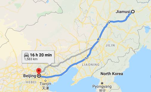 Route map from Jiamusi to the Vietnamese Embassy in Beijing