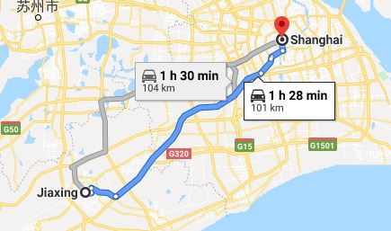 Route map from Jiaxing to the Vietnamese Embassy in Shanghai