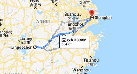 Route map from Jingdezhen to the Vietnamese Consulate in Shanghai