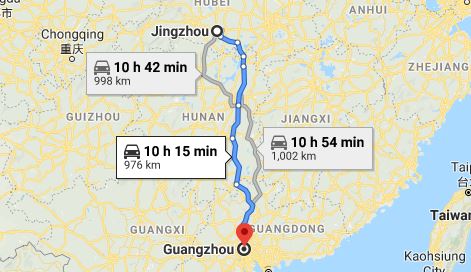 Route map from Jingzhouto the Consulate of Vietnam in Guangzhou