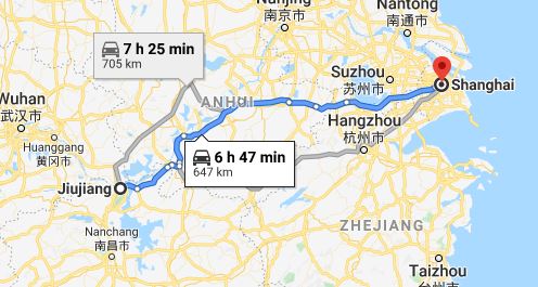 Route map from Jiujiang to the Vietnamese Consulate in Shanghai