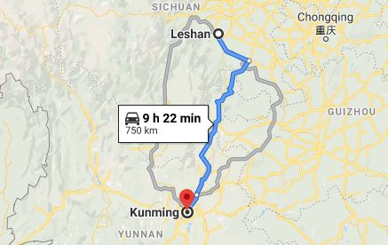 Route map from Leshan to the Vietnamese Consulate in Kunming