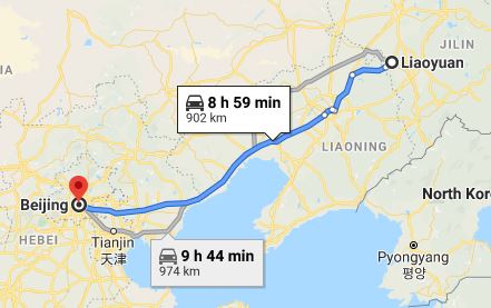 Route map from Liaoyuan to the Vietnamese Embassy in Beijing