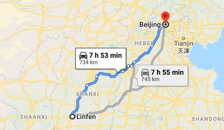 Route map from Linfen to the Vietnamese Embassy in Beijing