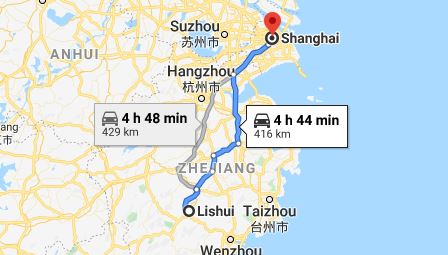 Route map from Lishui to the Vietnamese Consulate in Shanghai