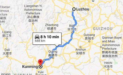 Route map from Luzhou to the Vietnamese Consulate in Kunming