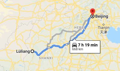 Route map from Lüliang to the Vietnamese Embassy in Beijing