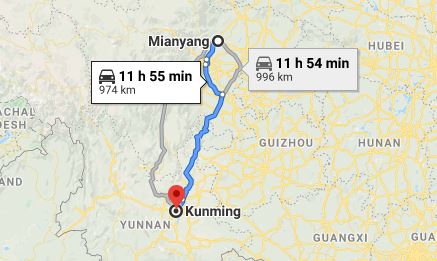 Route map from Mianyang to the Vietnamese Consulate in Kunming