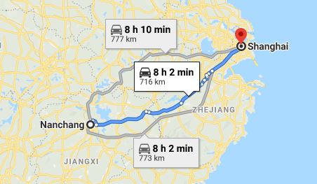 Route map from Nanchang to the Vietnamese Consulate in Shanghai
