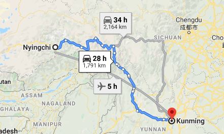 Route map from Nyingchi to the Vietnamese Consulate in Kunming