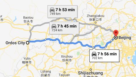 Route map from Ordos City to the Vietnamese Embassy in Beijing