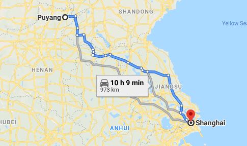 Route map from Puyang to the Vietnamese Consulate in Shanghai