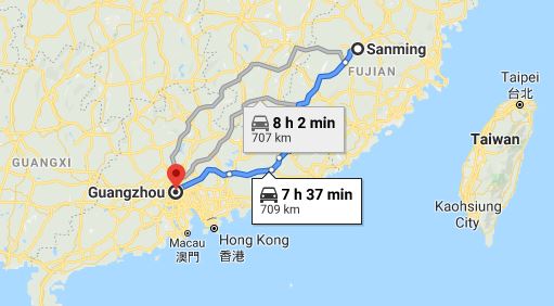 Route map from Sanming to the Consulate of Vietnam in Guangzhou