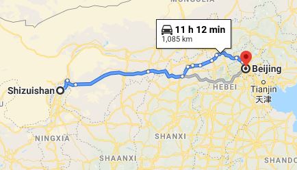 Route map from Shizuishan to the Vietnamese Embassy in Beijing