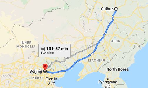 Route map from Suihua to the Vietnamese Embassy in Beijing