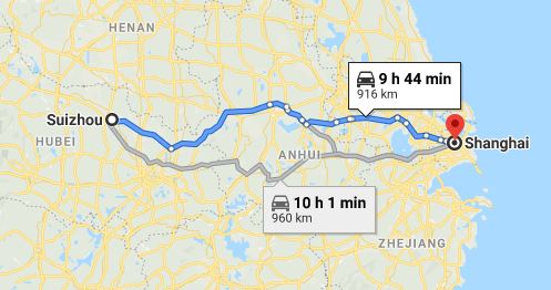 Route map from Suizhou to the Vietnamese Consulate in Shanghai