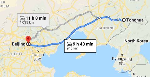 Route map from Tonghua to the Vietnamese Embassy in Beijing