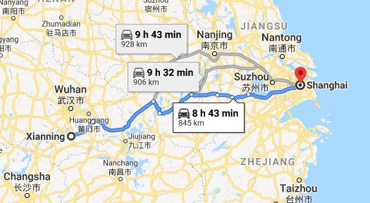 Route map from Xianning to the Vietnamese Consulate in Shanghai