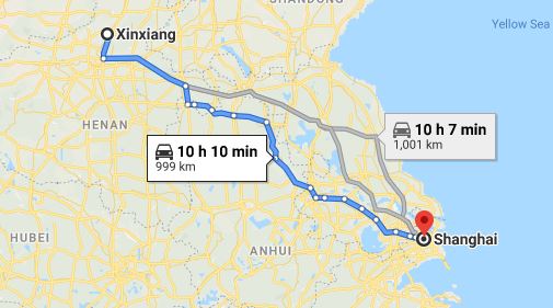Route map from Xinxiang to the Vietnamese Consulate in Shanghai